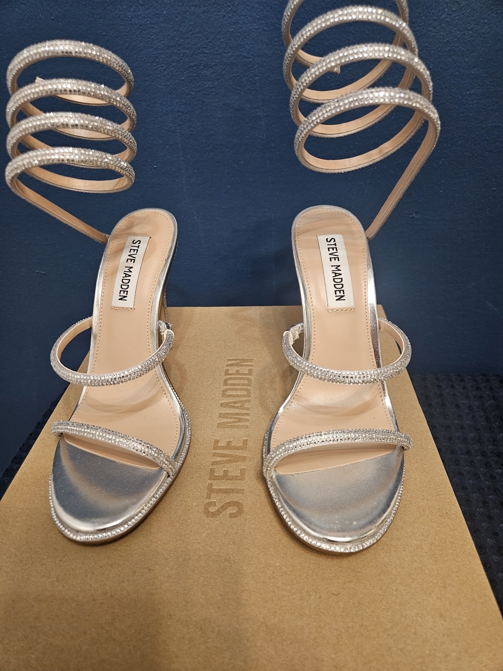Steve Madden Silver Crystal Spiral Wrap Heels